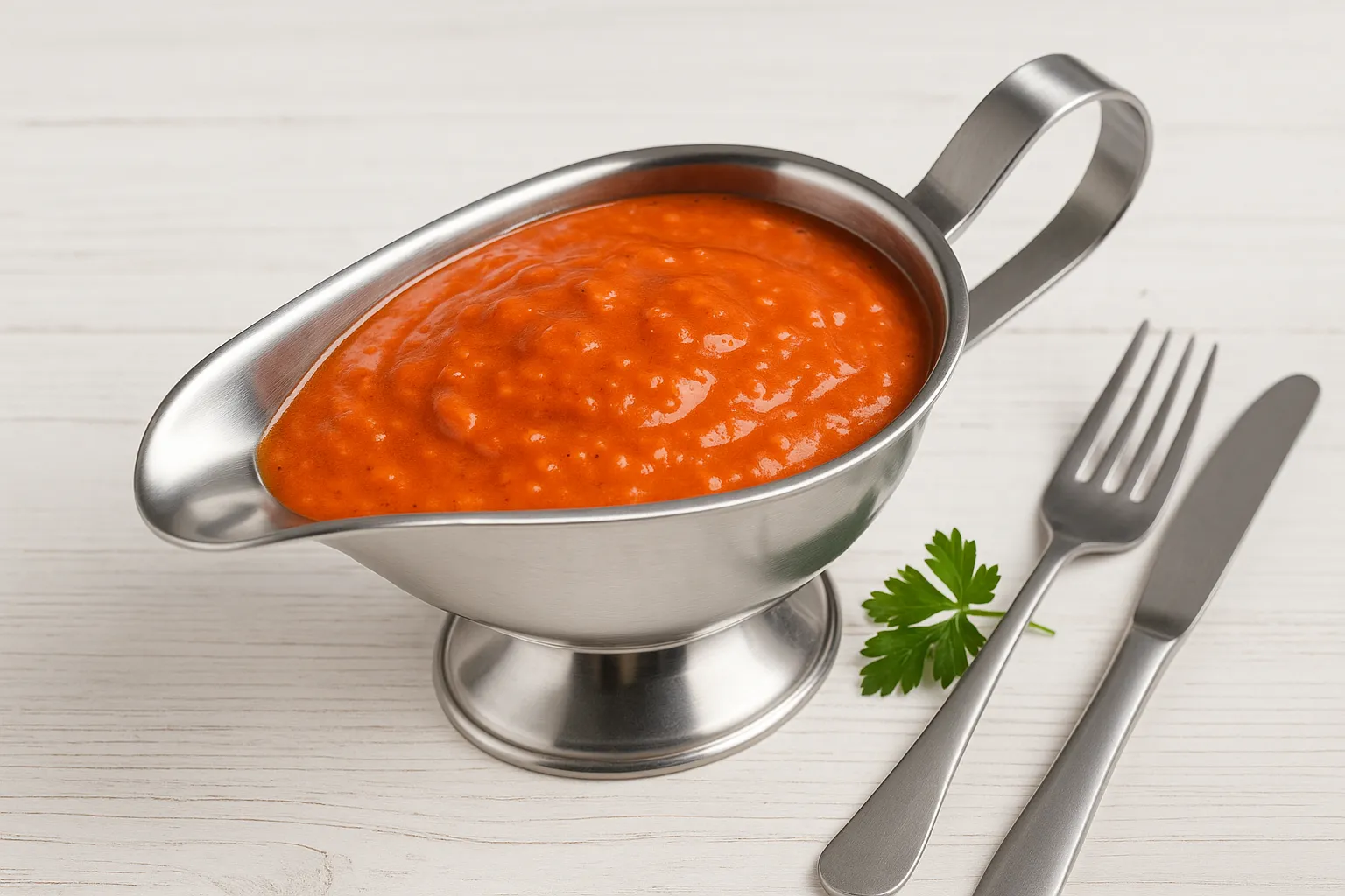 Rote Käsesoße in einer glänzenden Edelstahlsauciere auf weißem Holzhintergrund serviert