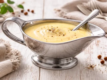 Cremige Schmelzkäsesoße in einer Edelstahl-Sauciere auf hellem Holztisch mit moderner Dekoration