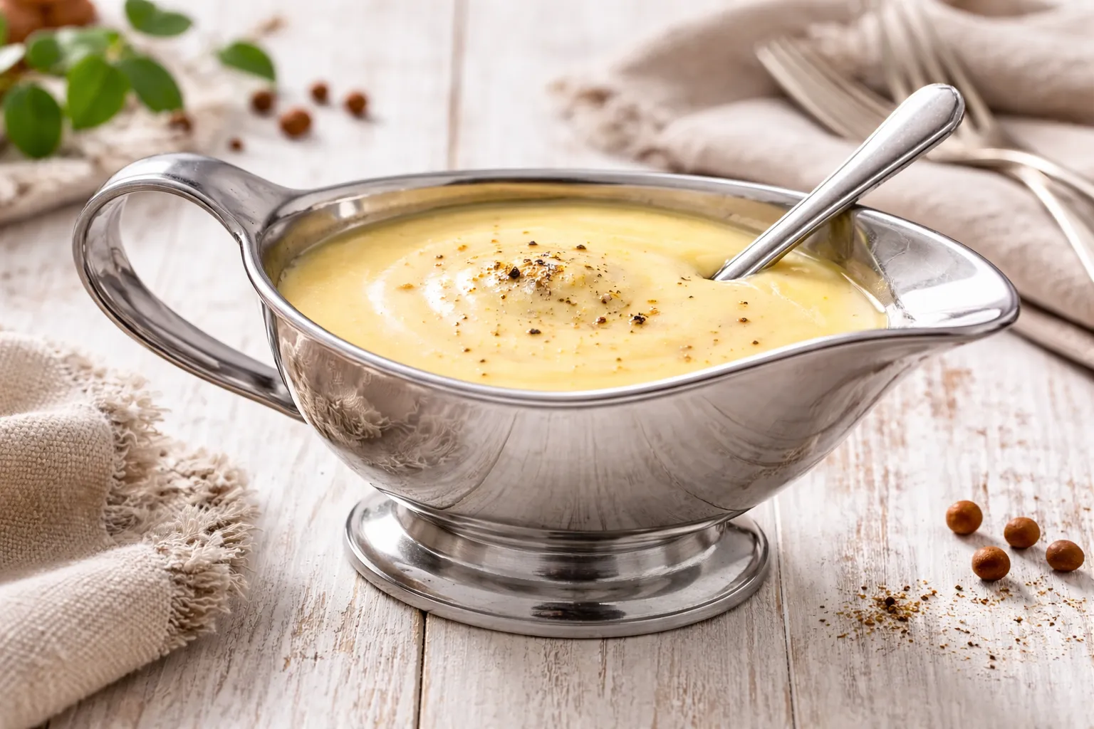 Cremige Schmelzkäsesoße in einer Edelstahl-Sauciere auf hellem Holztisch mit moderner Dekoration