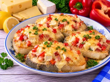 Überbackene Fischkoteletts mit Schinkenspeck, Camembert, Paprika und Schnittkäse.