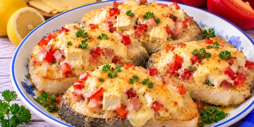 Überbackene Fischkoteletts mit Schinkenspeck, Camembert, Paprika und Schnittkäse.