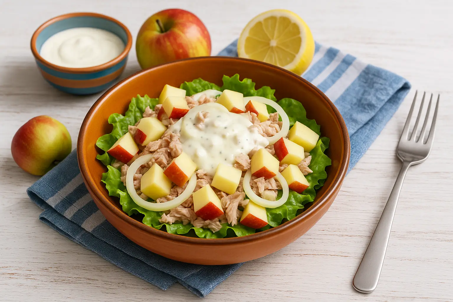  Teller mit Thunfischsalat und Apfelwürfeln, serviert in orangefarbener Schüssel auf weißem Holz, dazu frische Äpfel, Zitrone und Joghurt-Dip.
