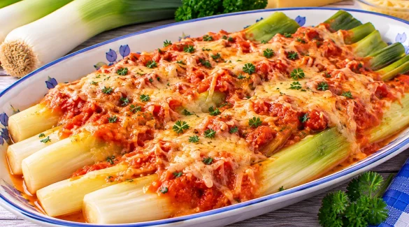 Gedünsteter Porree mit cremiger Tomaten-Käse-Mischung und Butter.