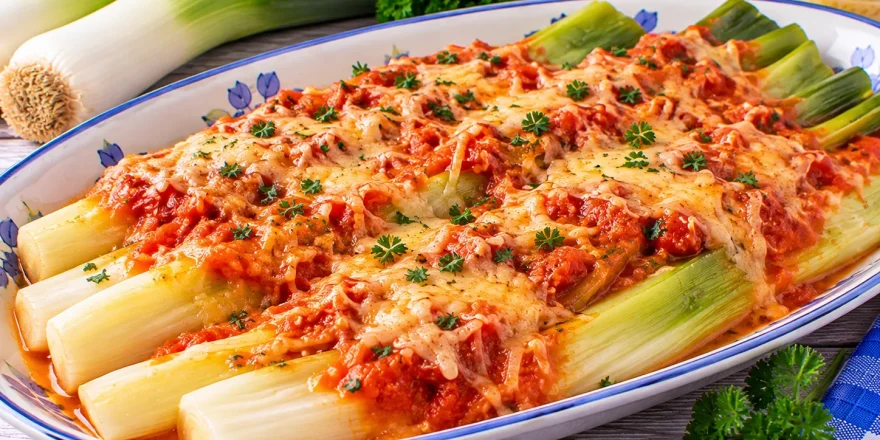 Gedünsteter Porree mit cremiger Tomaten-Käse-Mischung und Butter.