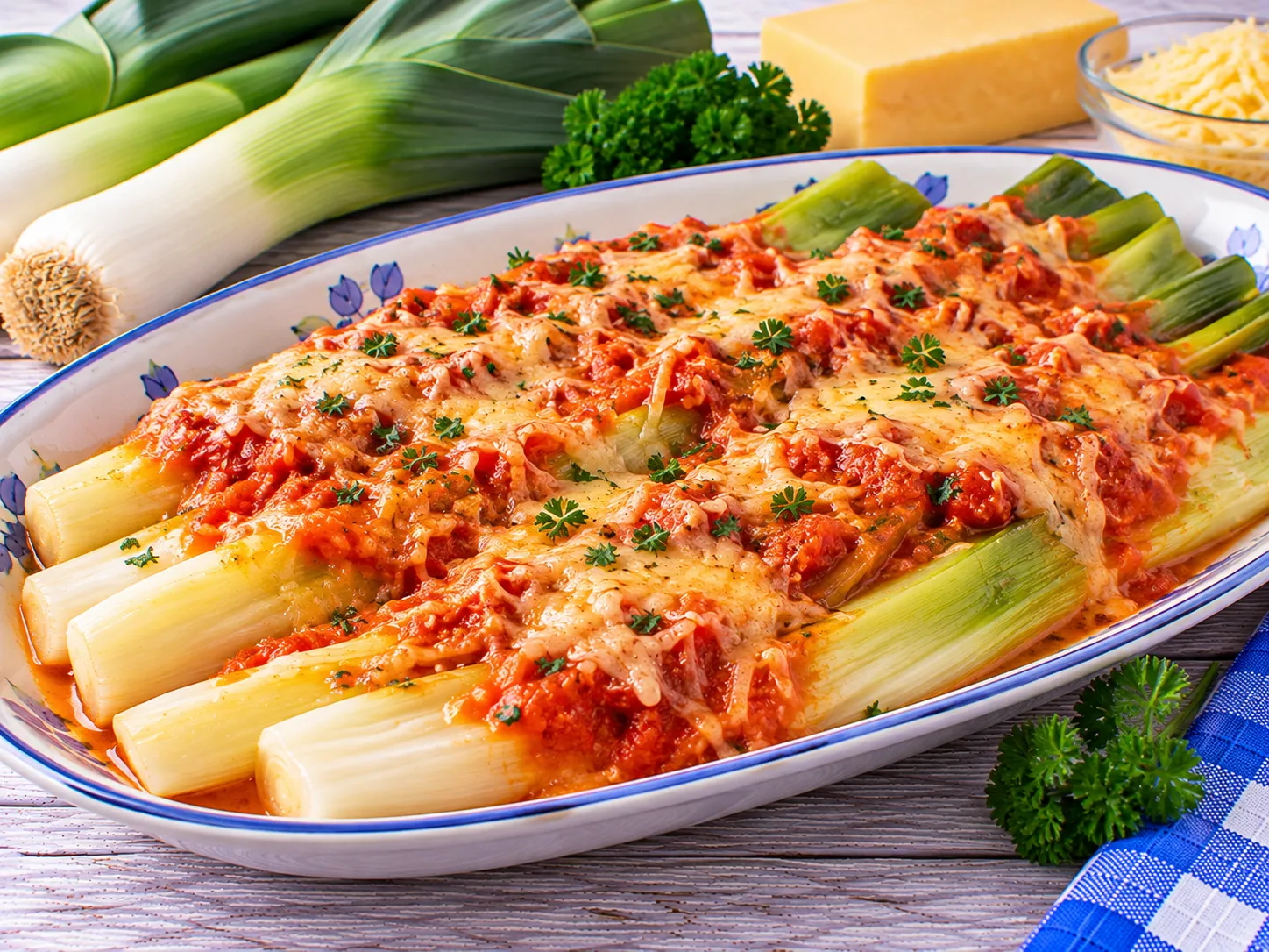 Gedünsteter Porree mit cremiger Tomaten-Käse-Mischung und Butter.