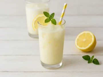 Zitronen-Milch in einem Glas mit Eiswürfeln, Zitronenscheibe und Strohhalm auf hellem Holztisch