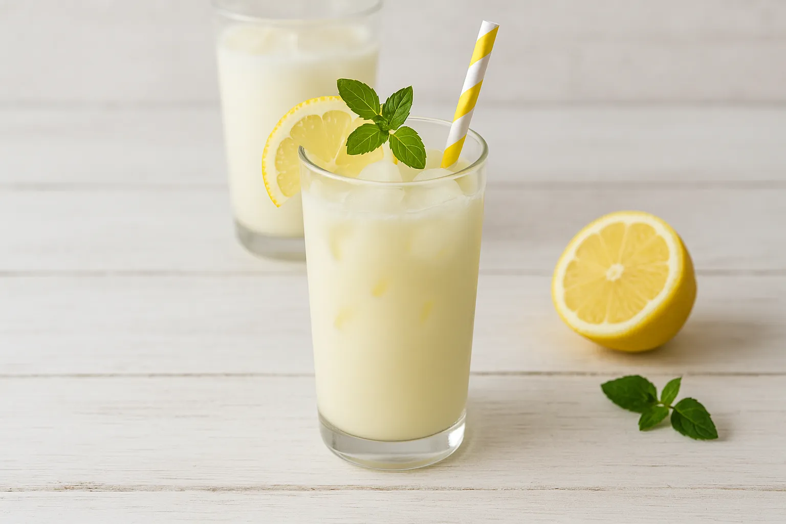 Zitronen-Milch in einem Glas mit Eiswürfeln, Zitronenscheibe und Strohhalm auf hellem Holztisch