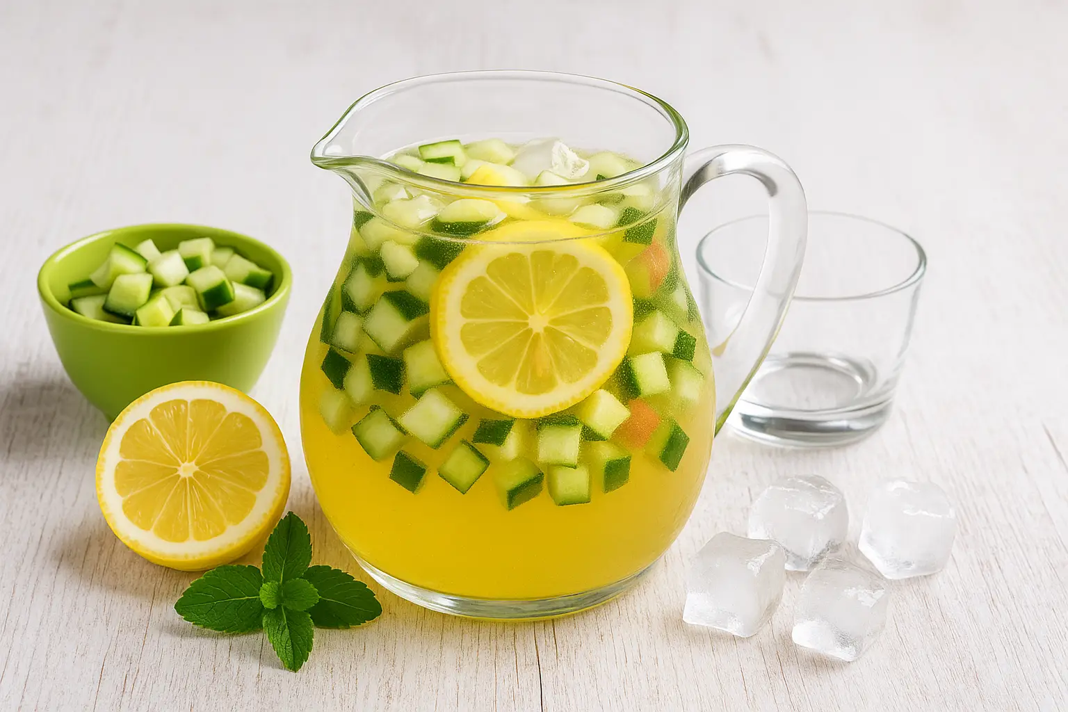  Alkoholfreie Gurkenbowle in Glaskaraffe mit Gurken, Zitrone und Apfel, daneben Eiswürfel und Minze auf weißem Holztisch.