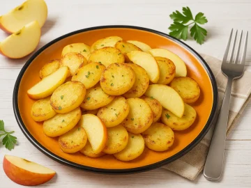 Bratkartoffeln mit Apfelscheiben auf buntem DDR-Teller, modern dekoriert, heller Holztisch.