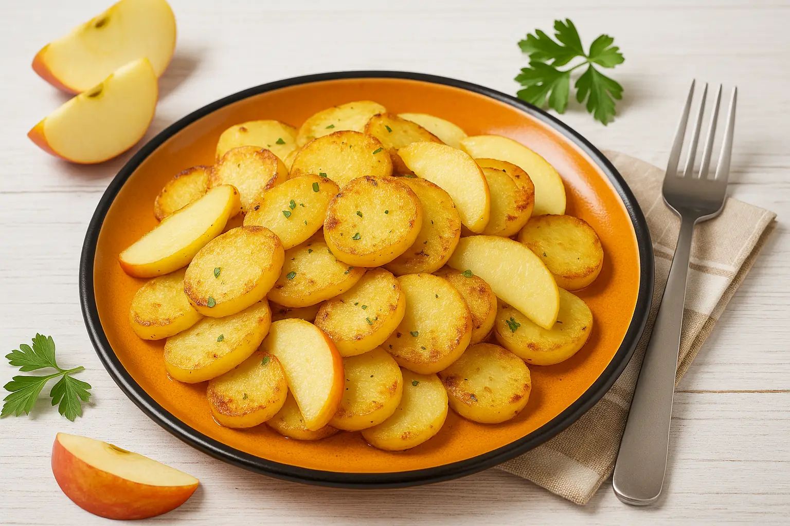  Bratkartoffeln mit Apfelscheiben auf buntem DDR-Teller, modern dekoriert, heller Holztisch.