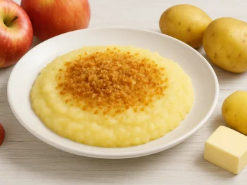 Weißer Teller mit Apfel-Kartoffelmus und goldbraunen Semmelbröseln, daneben Äpfel, Kartoffeln und Butter auf weißem Holzhintergrund
