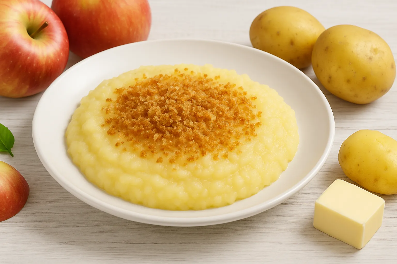 Weißer Teller mit Apfel-Kartoffelmus und goldbraunen Semmelbröseln, daneben Äpfel, Kartoffeln und Butter auf weißem Holzhintergrund