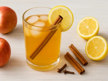 Glas Apfelsaftpunsch mit Zitronenscheibe, Zimtstange und Eiswürfeln auf weißem Holzhintergrund