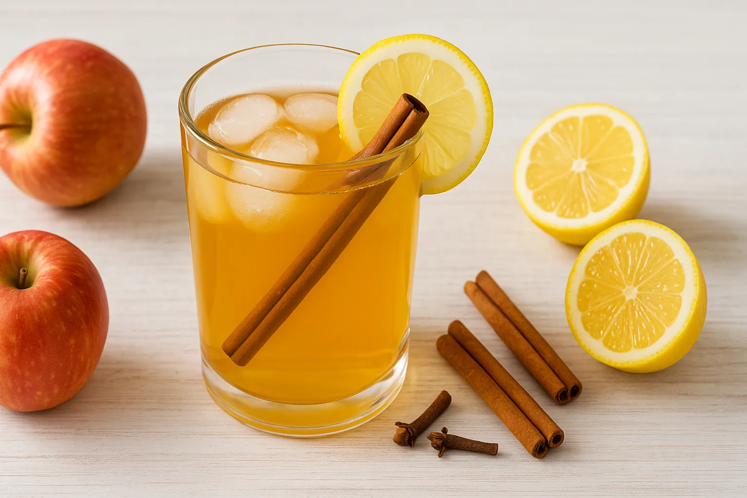Glas Apfelsaftpunsch mit Zitronenscheibe, Zimtstange und Eiswürfeln auf weißem Holzhintergrund