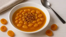 Armenische Aprikosensuppe in einem weißen tiefen Teller auf hellem Holzhintergrund, dekoriert mit Aprikosenstücken und Zwiebelröstung.