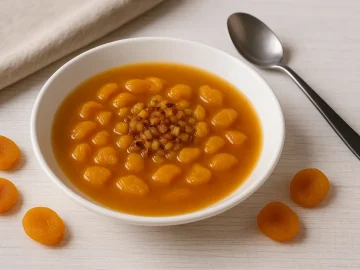 Armenische Aprikosensuppe in einem weißen tiefen Teller auf hellem Holzhintergrund, dekoriert mit Aprikosenstücken und Zwiebelröstung.