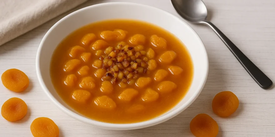 Armenische Aprikosensuppe in einem weißen tiefen Teller auf hellem Holzhintergrund, dekoriert mit Aprikosenstücken und Zwiebelröstung.