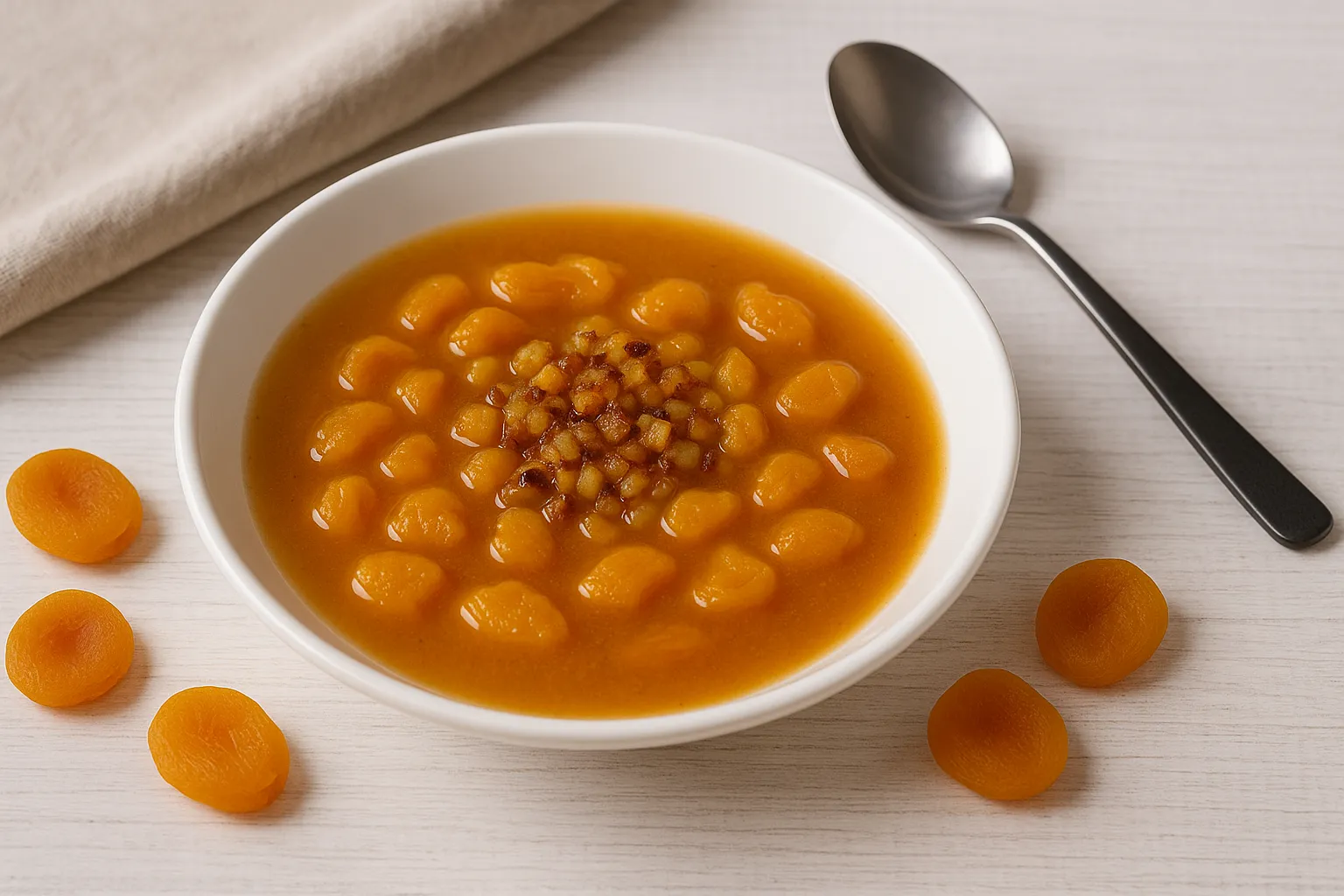 Armenische Aprikosensuppe in einem weißen tiefen Teller auf hellem Holzhintergrund, dekoriert mit Aprikosenstücken und Zwiebelröstung.