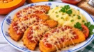 Goldbraun panierte Kürbisstücke mit Ketchup und geriebenem Hartkäse.