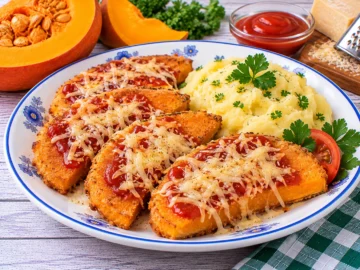 Goldbraun panierte Kürbisstücke mit Ketchup und geriebenem Hartkäse.