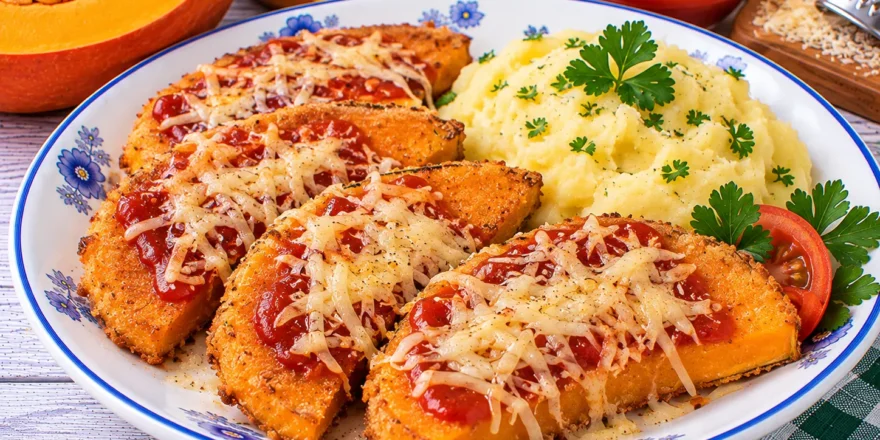 Goldbraun panierte Kürbisstücke mit Ketchup und geriebenem Hartkäse.