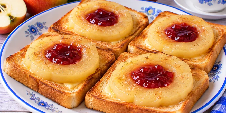 Geröstetes Toastbrot mit Apfelringen und fruchtiger Konfitüre.