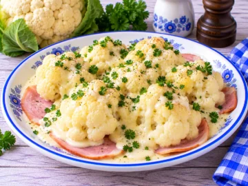 Blumenkohlröschen auf Schinkenscheiben mit cremiger heller Soße und Petersilie.