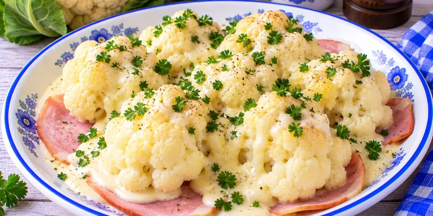 Blumenkohlröschen auf Schinkenscheiben mit cremiger heller Soße und Petersilie.