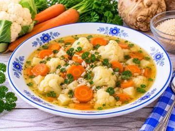 Blumenkohl-Möhren-Suppe mit Reis, Wurzelgemüse und frischer Petersilie.