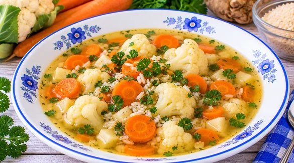 Blumenkohl-Möhren-Suppe mit Reis, Wurzelgemüse und frischer Petersilie.