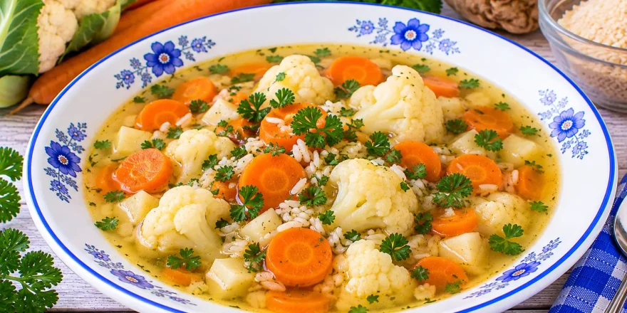 Blumenkohl-Möhren-Suppe mit Reis, Wurzelgemüse und frischer Petersilie.