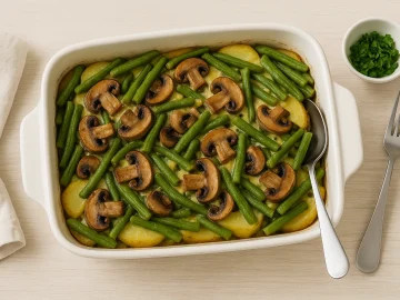 Bohnen-Pilz-Auflauf mit Kartoffeln, Bohnen und Pilzen in einer goldbraun gebackenen Auflaufform serviert