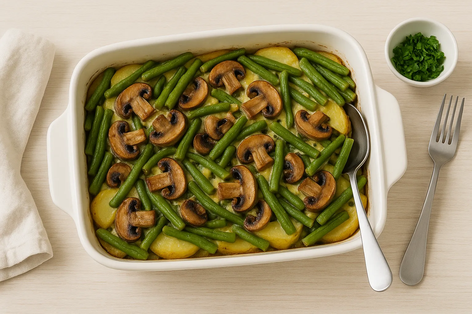 Bohnen-Pilz-Auflauf mit Kartoffeln, Bohnen und Pilzen in einer goldbraun gebackenen Auflaufform serviert