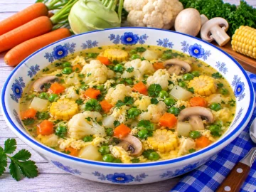 Klare Brühe mit Möhren, Erbsen, Kohlrabi, Blumenkohl, Champignons, Mais und Eierflocken.