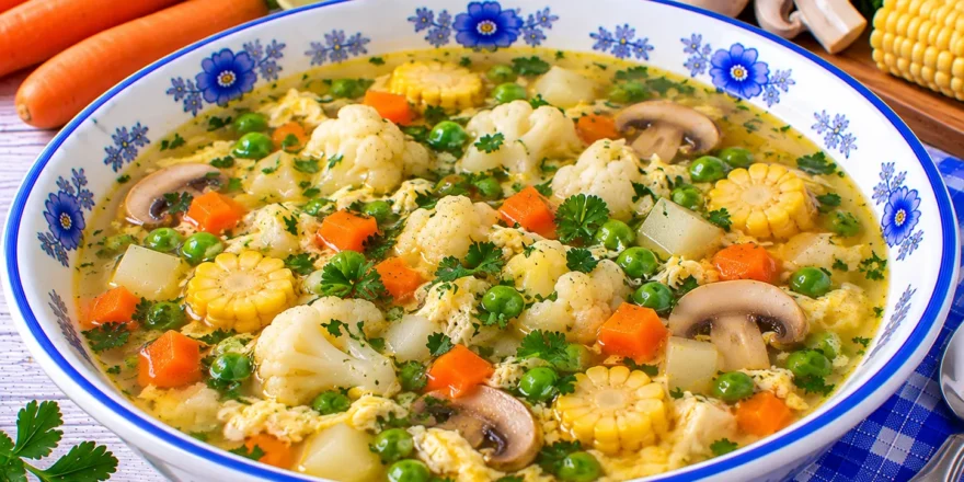 Klare Brühe mit Möhren, Erbsen, Kohlrabi, Blumenkohl, Champignons, Mais und Eierflocken.