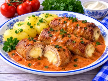 Gebratene Fleischrouladen mit cremiger Käsefüllung und Tomaten-Sahne-Soße.