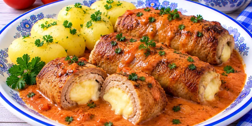 Gebratene Fleischrouladen mit cremiger Käsefüllung und Tomaten-Sahne-Soße.