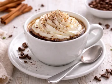 Heißer Kaffee mit Sahnehaube, Kakao und Gewürzen in weißer Tasse auf hellem Holzhintergrund