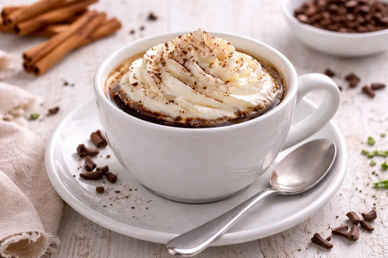 Heißer Kaffee mit Sahnehaube, Kakao und Gewürzen in weißer Tasse auf hellem Holzhintergrund