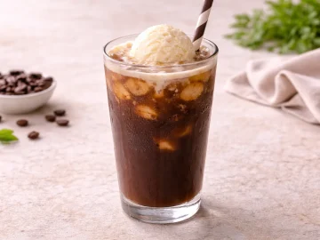 Eiskaffee mit Kakao, Vanilleeis und Trinkhalm in hohem Glas