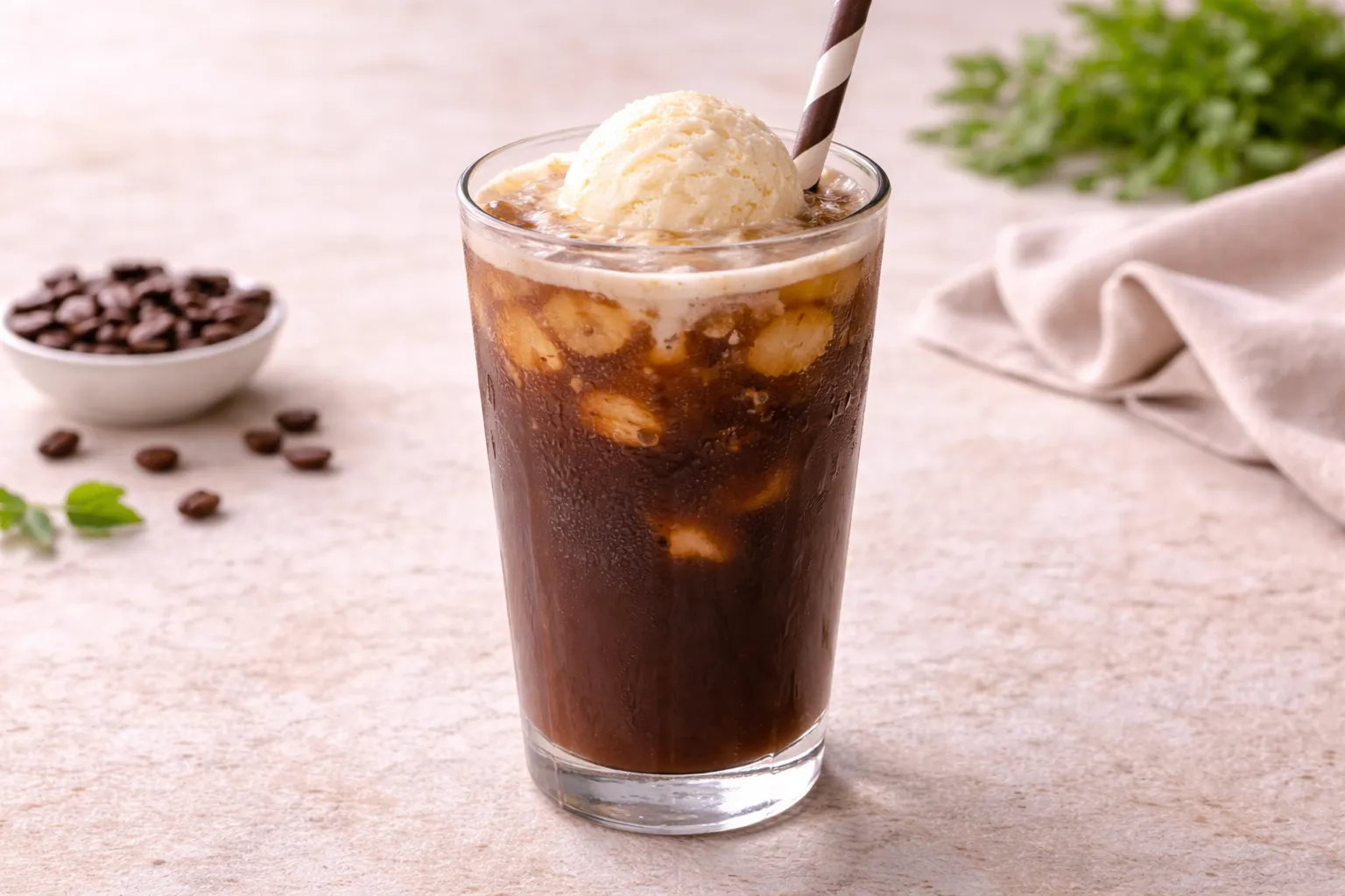 Eiskaffee mit Kakao, Vanilleeis und Trinkhalm in hohem Glas
