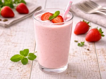 Erdbeer-Buttermilch mit frischen Erdbeeren in hohem Glas auf hellem Holztisch