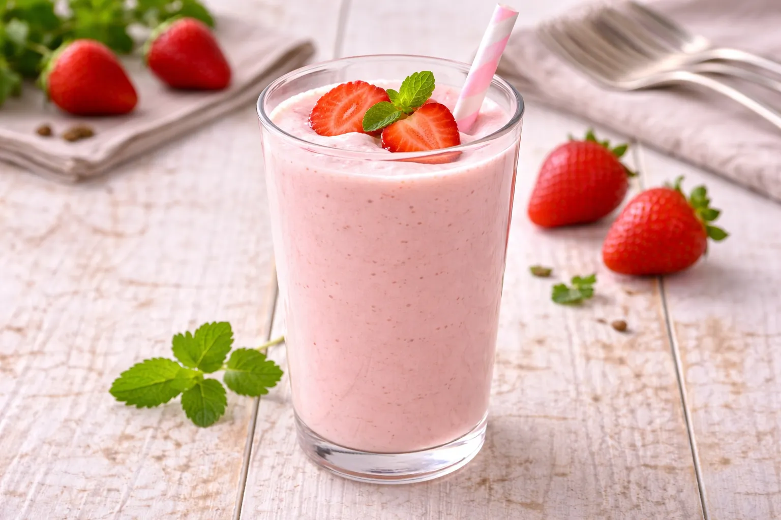 Erdbeer-Buttermilch mit frischen Erdbeeren in hohem Glas auf hellem Holztisch