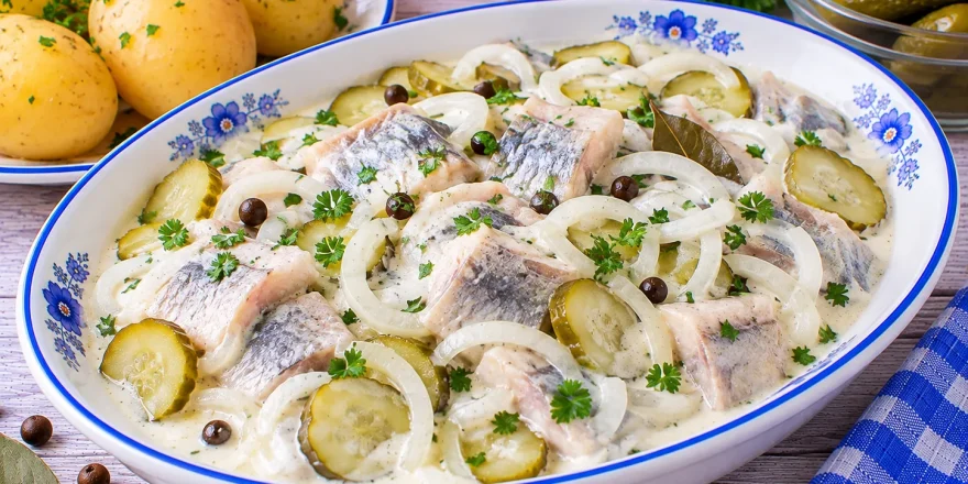 Heringsfilets mit Gewürzgurke und Zwiebeln in cremiger Mayonnaise-Sahne-Soße.