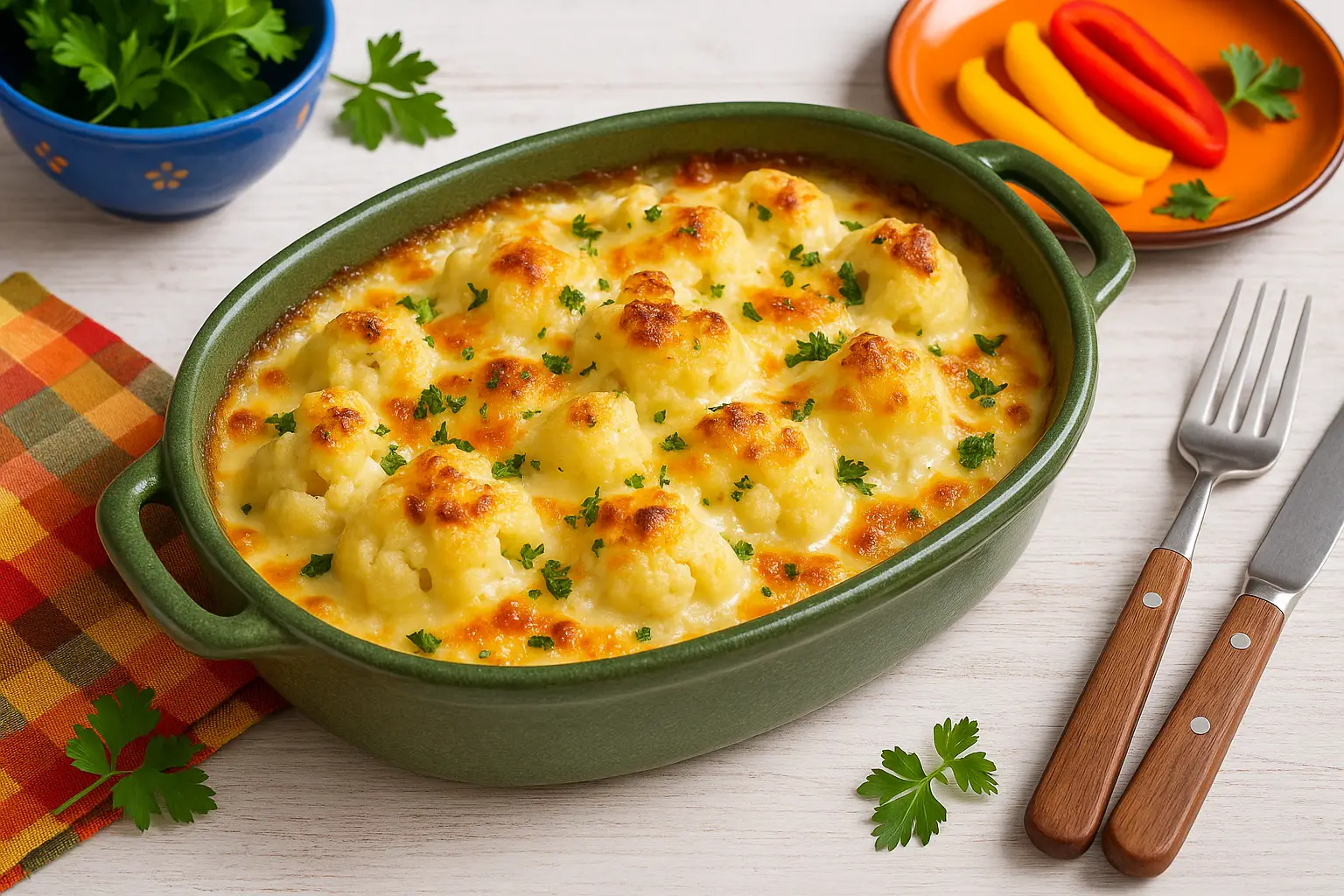 Blumenkohl-Auflauf in grüner DDR-Auflaufform, goldbraun überbacken, moderne Deko auf weißem Holzhintergrund.