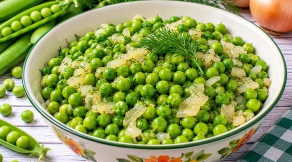 Junge grüne Erbsen mit Butter, gedünsteten Zwiebeln und frischem Dill.