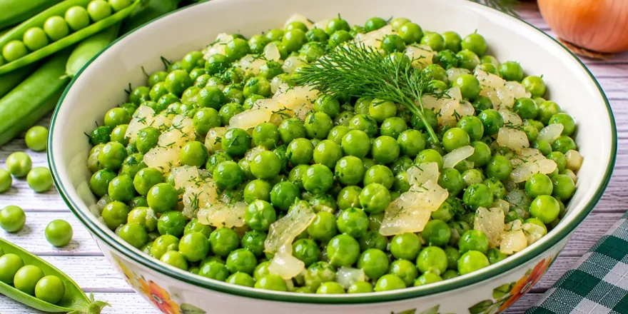 Junge grüne Erbsen mit Butter, gedünsteten Zwiebeln und frischem Dill.