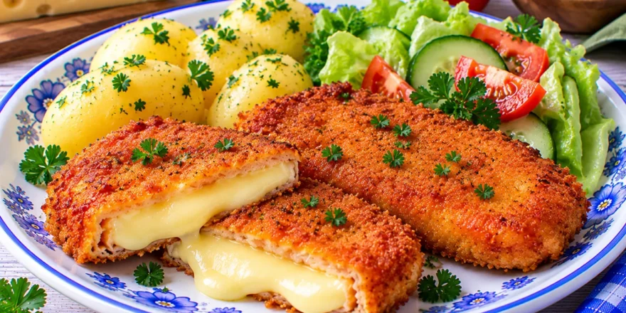 Goldbraun paniertes Käseschnitzel mit weichem geschmolzenem Käse im Inneren.