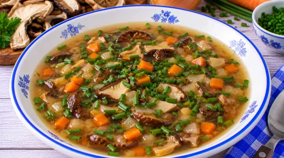 Kalte Pilzsuppe mit getrockneten Pilzen, Möhren, Zwiebeln und frischem Schnittlauch.
