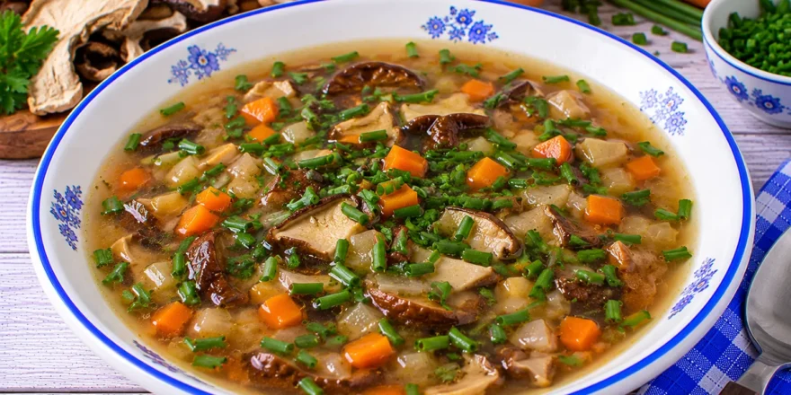 Kalte Pilzsuppe mit getrockneten Pilzen, Möhren, Zwiebeln und frischem Schnittlauch.